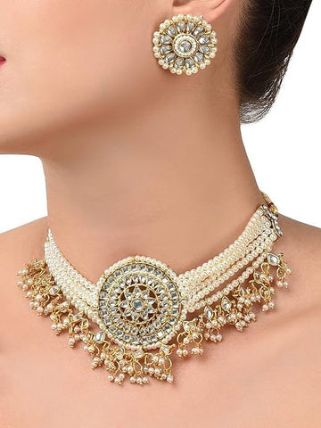 Gold Tone Kundan & MultiStrand Pearls Choker Necklace & Earring Set For Women VitansEthnics