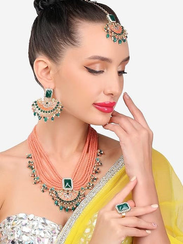 Peach & Green Multistrands Bridal Necklace Earring Maangtikka & Ring Set For Women VitansEthnics