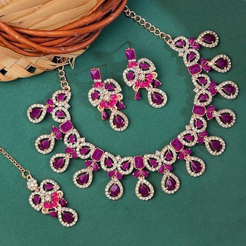 Crystal Diamond Necklace with Earrings and Maang Tikka for Women Jewelry Set for Party, Wedding, Engagement VitansEthnics