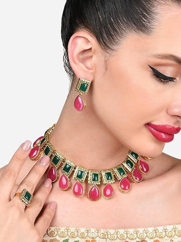 Pink & Green Stones Antique Teardrop Indian Necklace Earring & Ring Set For Women VitansEthnics