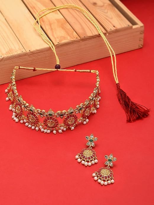 Gold Toned Indian Traditional Temple Choker Necklace Set For Women VitansEthnics