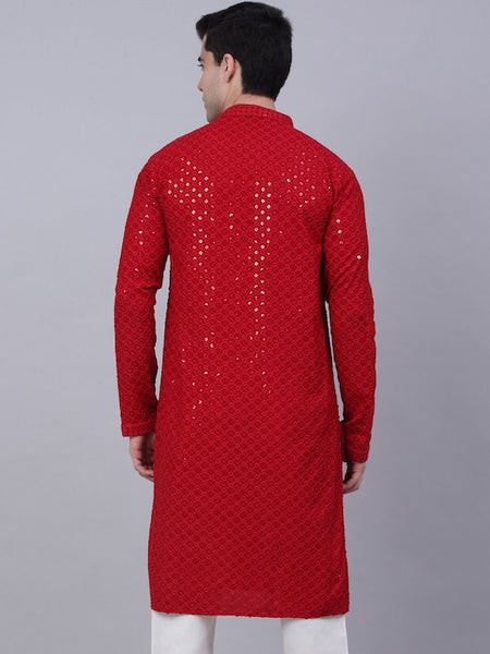 Men Red Geometric Sequin Embroidered Kurta VitansEthnics