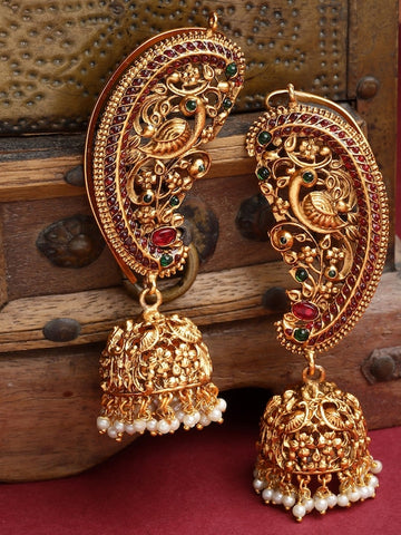 Gold-Plated Pearl & Stone-Studded Peacock Shaped Ear Cuff Earrings VitansEthnics