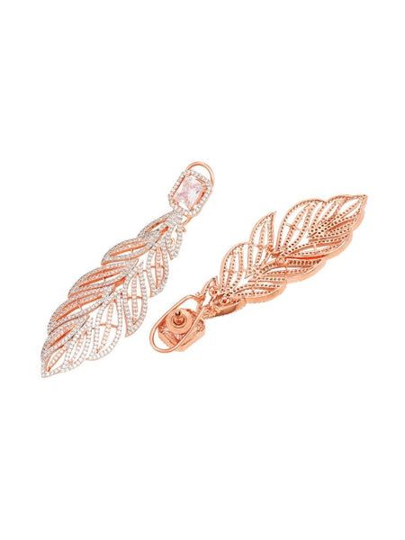 White & Rose Gold-Plated AD Feather Shaped Drop Earrings VitansEthnics