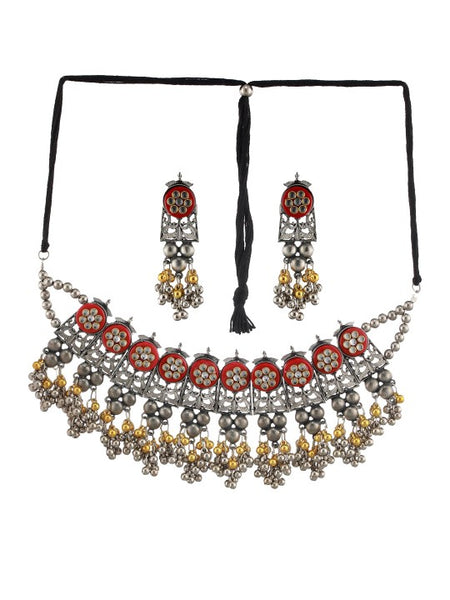 Oxidized Beaded & Kundan studded Choker Necklace With Earrings VitansEthnics