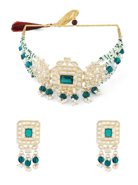 Gold-Plated Kundan-Studded & Beaded Green Choker Jewellery Set VitansEthnics