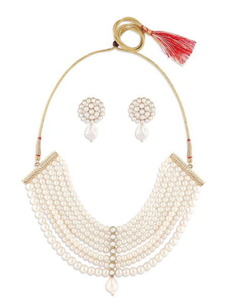 Gold Plated Beaded Layered Pearl Choker Necklace Jewellery Set VitansEthnics