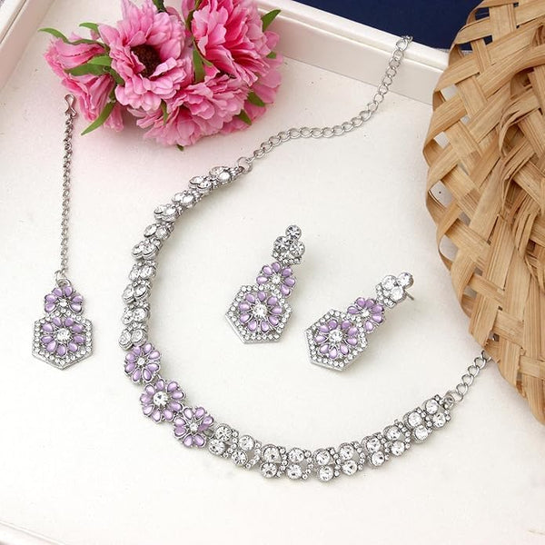 AD Studded Engagement Necklace Earrings Maang Tikka Set For Women Indian Jewelry Set VitansEthnics