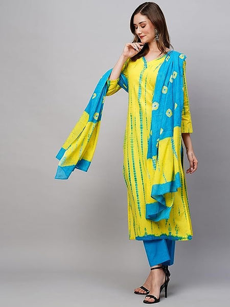 Women Tie Dye Ethnic Motifs Printed V-Neck Regular Kurta With Trousers & Dupatta VitansEthnics