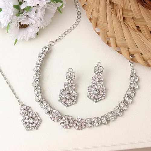 AD Studded Engagement Necklace Earrings Maang Tikka Set VitansEthnics