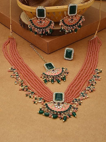 Peach & Green Multistrands Bridal Necklace Earring Maangtikka & Ring Set For Women VitansEthnics