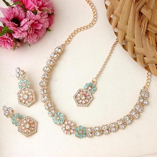 AD Studded Engagement Necklace Earrings Maang Tikka Set VitansEthnics