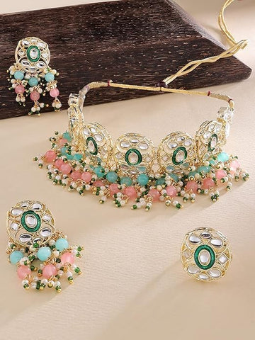 Pink & Green Beads Cluster Drops Kundan Choker Necklace Earrings & Ring Set For Women VitansEthnics