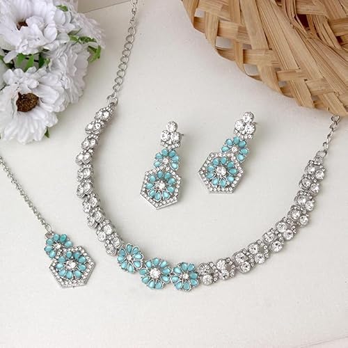 AD Studded Engagement Necklace Earrings Maang Tikka Set VitansEthnics