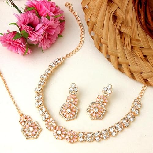 AD Studded Engagement Necklace Earrings Maang Tikka Set VitansEthnics