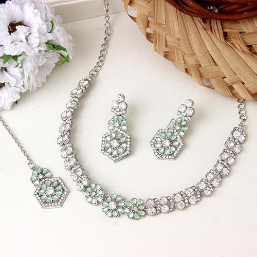 AD Studded Engagement Necklace Earrings Maang Tikka Set VitansEthnics