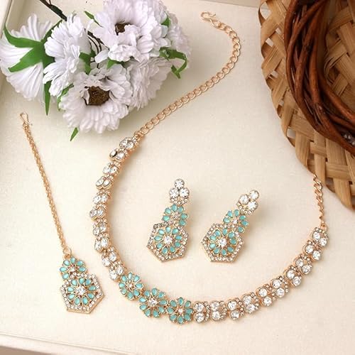 AD Studded Engagement Necklace Earrings Maang Tikka Set VitansEthnics