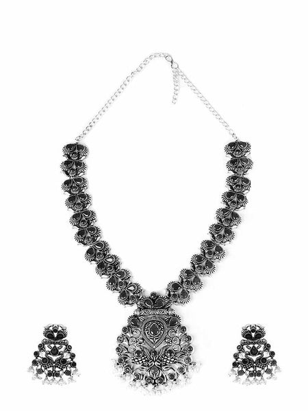 Oxidised Silver-Plated Black Artificial Stones-Studded Vaidehi Jewellery Set VitansEthnics