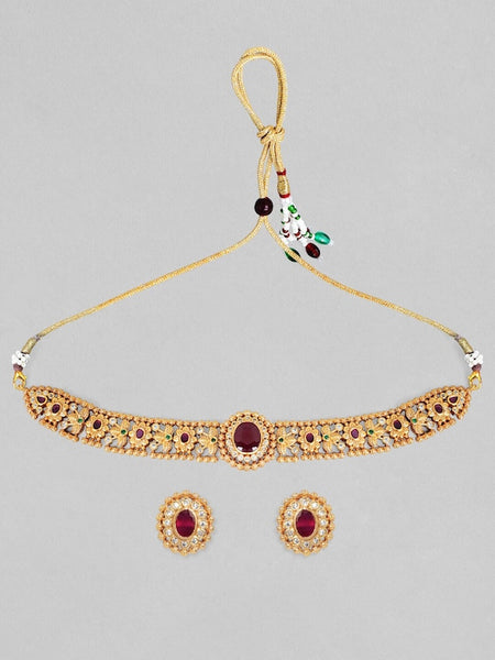 24K Gold Plated Handcrafted Intricate Choker Jewellery Set For Women VitansEthnics