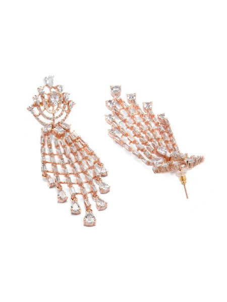 Rose Gold Plated High Quality Cubic Zirconia Studded Floral Drop Earrings VitansEthnics