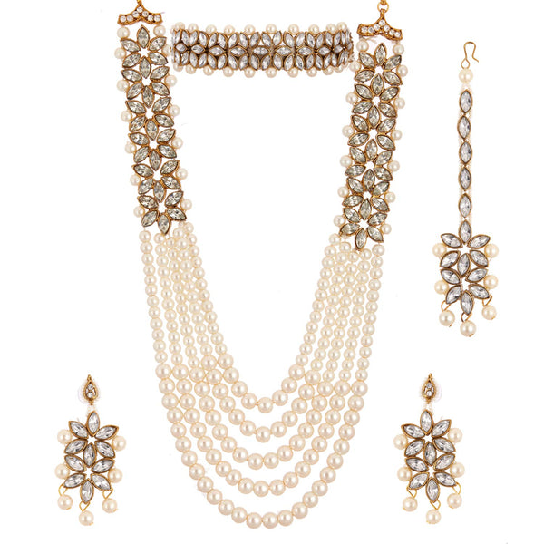 Women Gold Plated Bridal Long Necklace Set Neck Choker with Earrings and Maang Tikka VitansEthnics