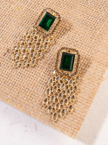 Gold-Plated & Green Handcrafted American Diamond Studded Square Drop Earrings VitansEthnics