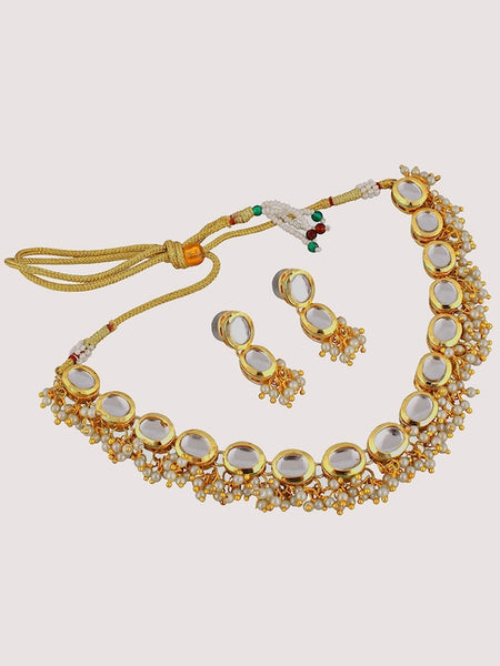 18k Gold-Plated White Kundan-Studded & Beaded Jewellery Set VitansEthnics