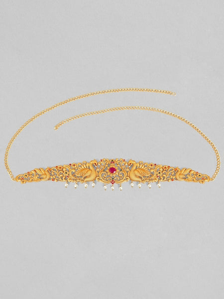 24K Gold-Plated Red Cubic Zirconia Studded Handcrafted Traditional Kamarbandh | Waist Belt For Women vitansethnics