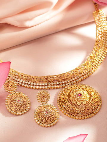 Women 24K Gold Plated Pink & White Ruby & AD-Studded Necklace set VitansEthnics