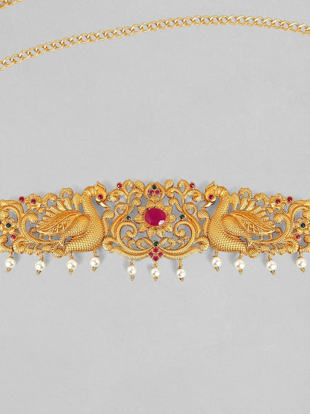 24K Gold-Plated Red Cubic Zirconia Studded Handcrafted Traditional Kamarbandh | Waist Belt For Women vitansethnics
