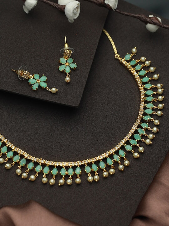 Gold-Plated Mint Green Floral Leaf Jewellery Set VitansEthnics