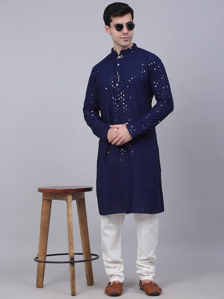 Men Dark Blue Geometric Sequin Embroidered Kurta VitansEthnics