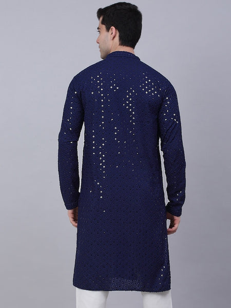 Men Dark Blue Geometric Sequin Embroidered Kurta VitansEthnics