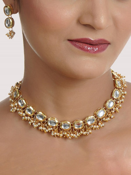 18k Gold-Plated White Kundan-Studded & Beaded Jewellery Set VitansEthnics