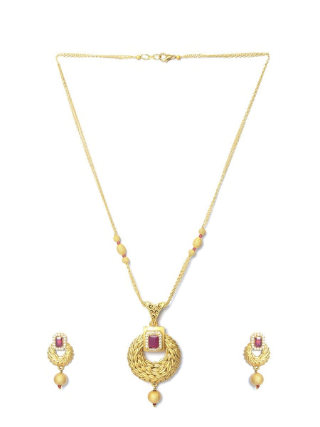 Gold-Plated Maroon & White Ruby & AD-Studded & Beaded Handcrafted Jewelry Set VitansEthnics