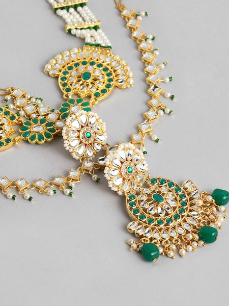 Green & White Gold-Plated Kundan Beaded Layered Bridal Matha Patti VitansEthnics