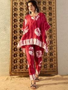 Women Pink Tie & Dyed V-Neck Kaftan Top & Trouser Co-ord Sets (Copy) VitansEthnics