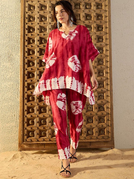 Women Pink Tie & Dyed V-Neck Kaftan Top & Trouser Co-ord Sets (Copy) VitansEthnics