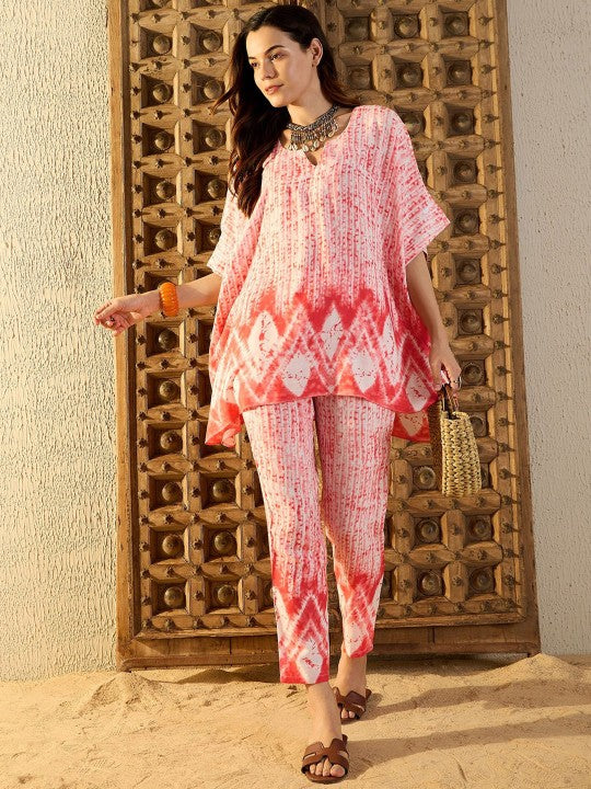 Women Red Tie & Dyed V-Neck Kaftan Top & Trouser Co-ord Sets (Copy) VitansEthnics