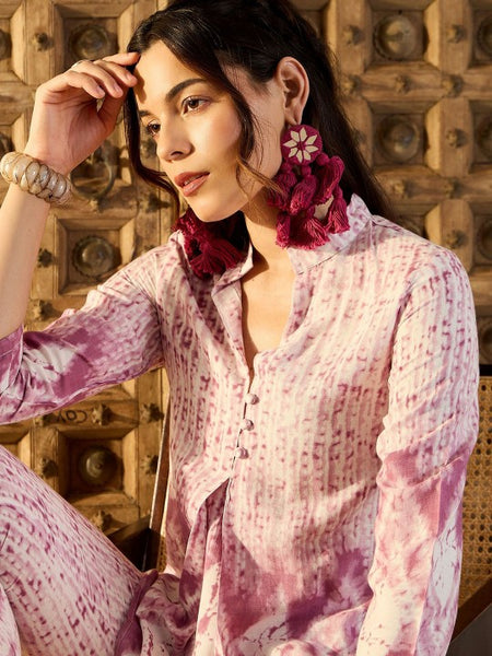 Women Ethnic Motifs Purple Tie & Dye Printed One Button Front Open Top With Trousers (Copy) VitansEthnics