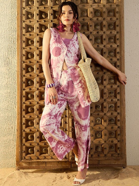 Women Ethnic Motifs Purple Tie & Dye Printed One Button Front Open Top With Trousers VitansEthnics