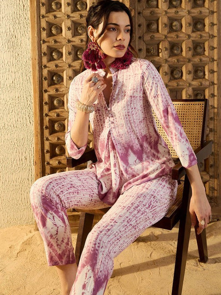 Women Ethnic Motifs Purple Tie & Dye Printed One Button Front Open Top With Trousers (Copy) VitansEthnics