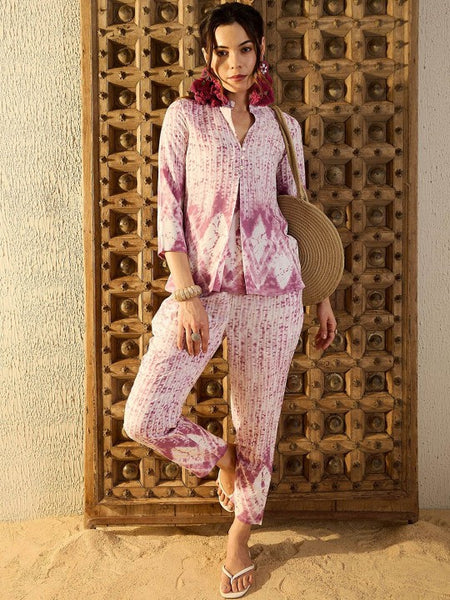 Women Ethnic Motifs Purple Tie & Dye Printed One Button Front Open Top With Trousers (Copy) VitansEthnics