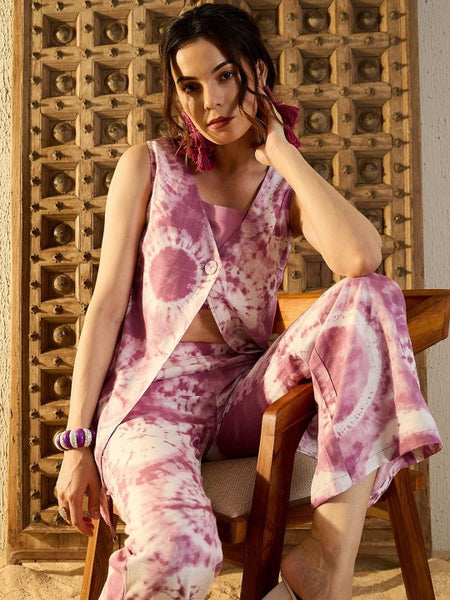 Women Ethnic Motifs Purple Tie & Dye Printed One Button Front Open Top With Trousers VitansEthnics