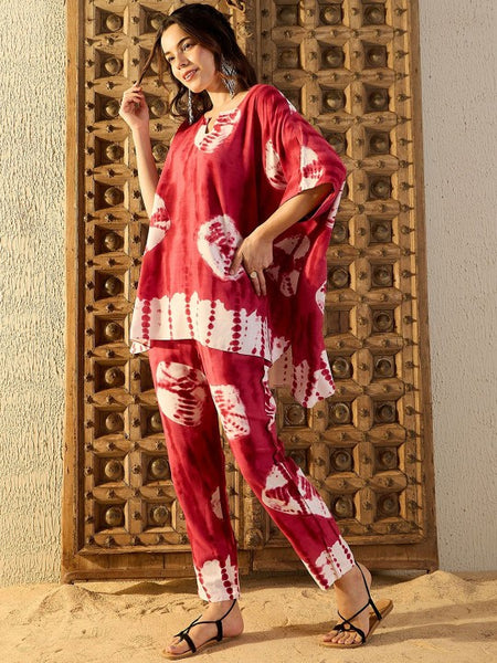 Women Pink Tie & Dyed V-Neck Kaftan Top & Trouser Co-ord Sets (Copy) VitansEthnics