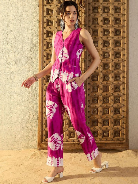 Women Waist Coat and Pants Set in Pink Tie & Dye Co-ord Sets (Copy) VitansEthnics