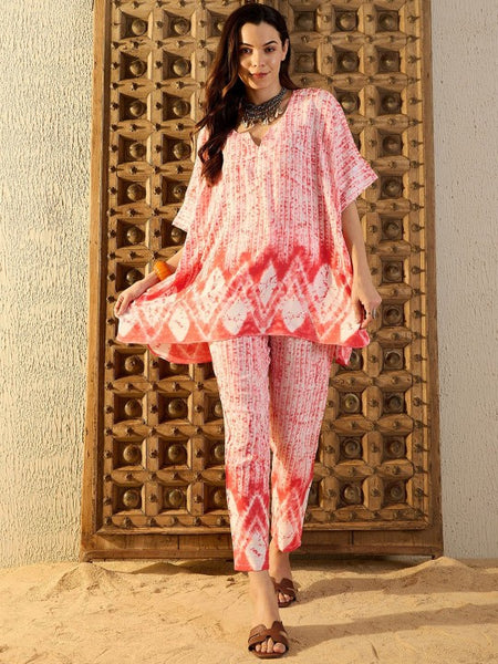 Women Red Tie & Dyed V-Neck Kaftan Top & Trouser Co-ord Sets (Copy) VitansEthnics