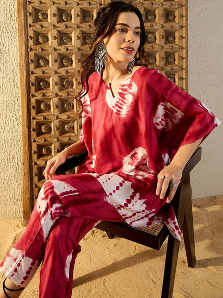 Women Pink Tie & Dyed V-Neck Kaftan Top & Trouser Co-ord Sets (Copy) VitansEthnics