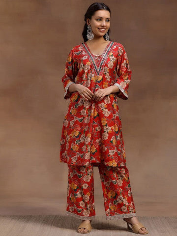 Women Indo Western Red Floral Printed Tunic & Palazzo Ethnic Co-Ords Set VitansEthnics