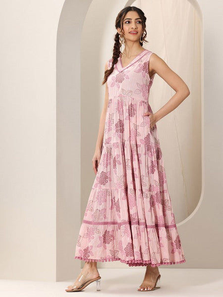 Women Floral Print Fit & Flare Maxi Tiered Dress Indian Anarkali Fusion Dress VitansEthnics